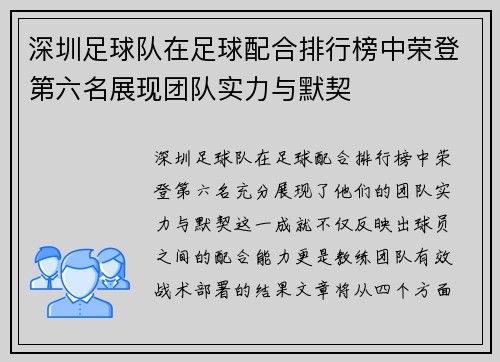 深圳足球队在足球配合排行榜中荣登第六名展现团队实力与默契