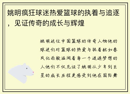 姚明疯狂球迷热爱篮球的执着与追逐，见证传奇的成长与辉煌